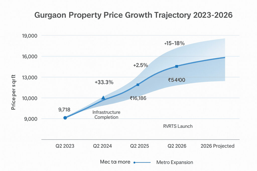 Property in Gurgaon banner featuring DLF Cyber City towers, Golf Course Road apartments with pricing overlay